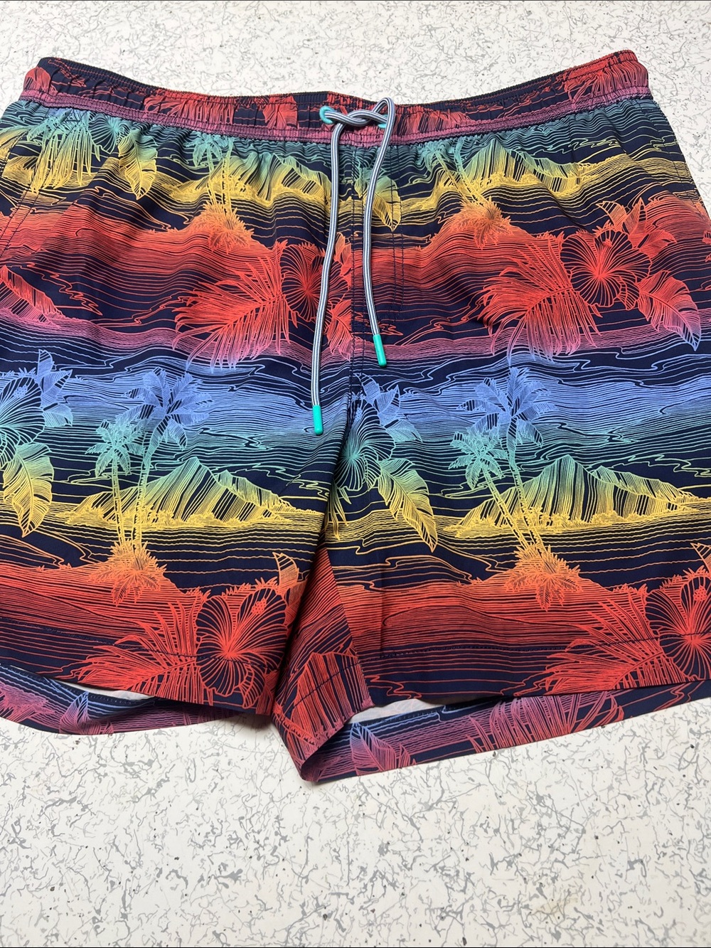 Tommy Bahama Rainbow Palm Print Swim Trunks - Red, Yellow, Blue